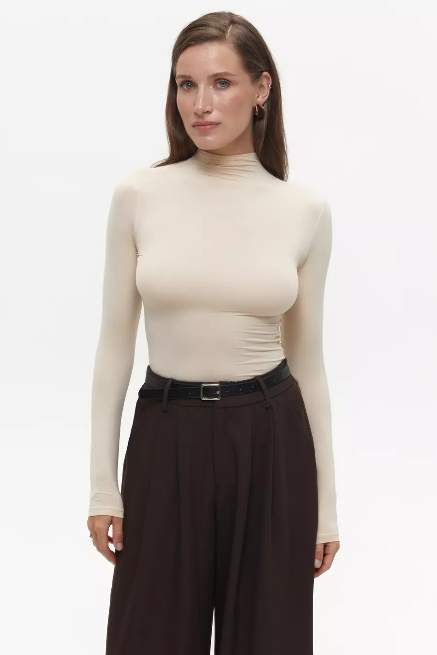 Beige High Neck Long Sleeve Top