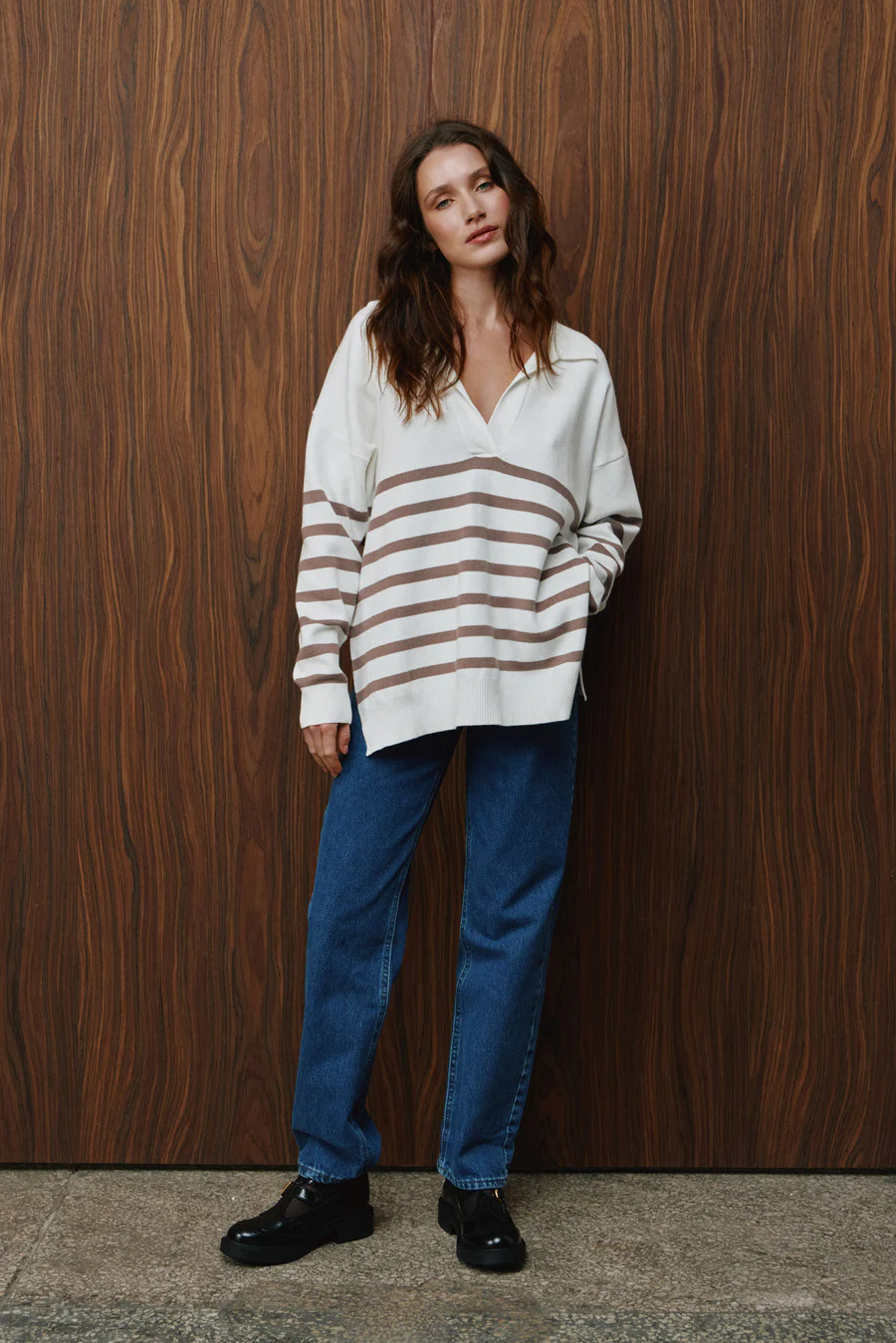 Beige Striped Polo Sweater - Image 2