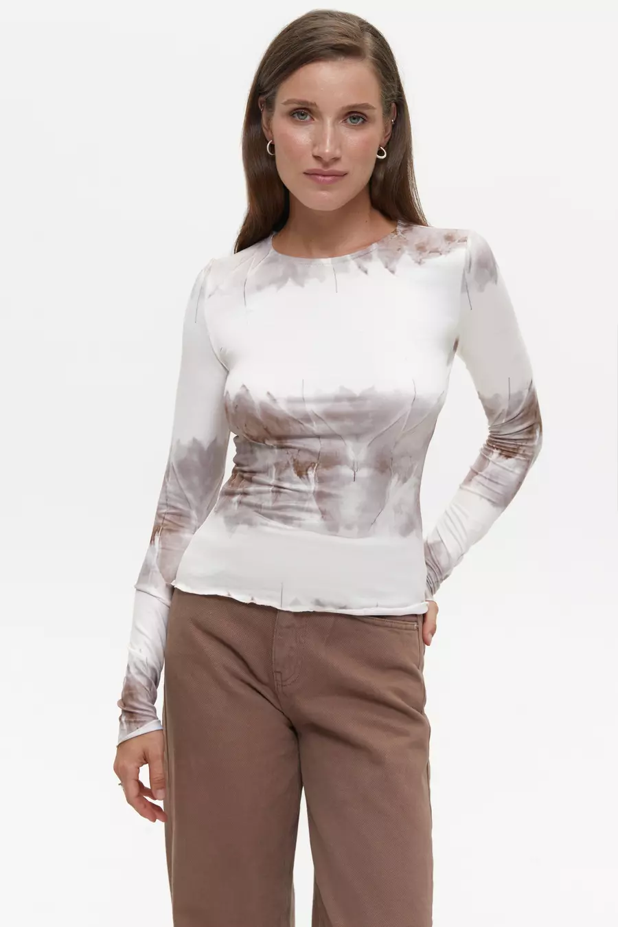Beige Tie Die Long Sleeve Top