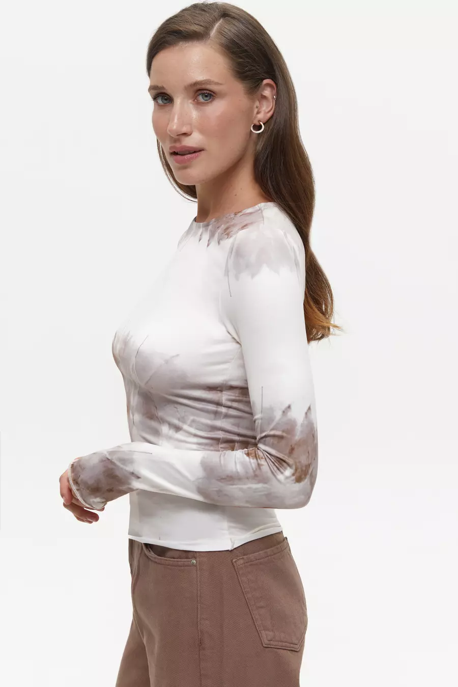 Beige Tie Die Long Sleeve Top - Image 2
