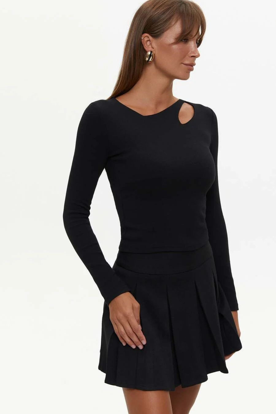 Black Asymmetric Neckline Long Sleeve Top - Image 3