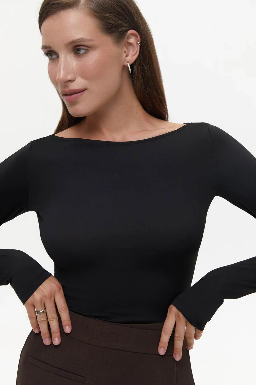 Boat-neck long-sleeve top, Black - Image 2
