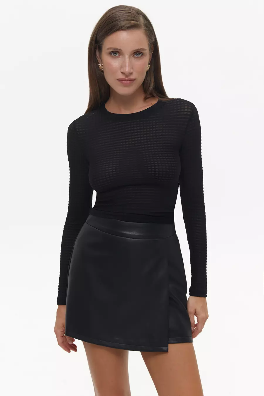 Black Faux Leather Wrap Skirt