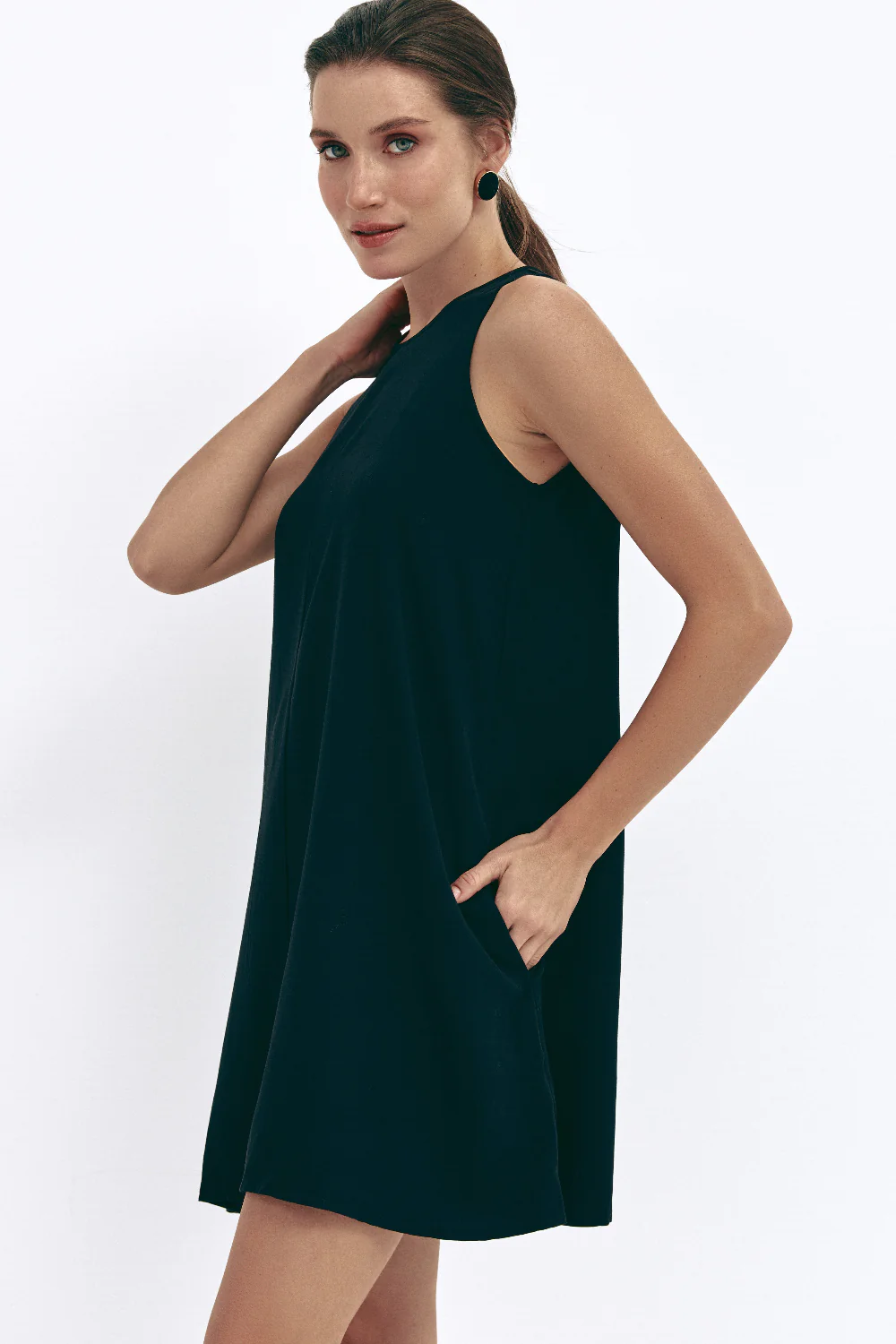 Black Loose-fit Mini Dress with Pockets - Image 2