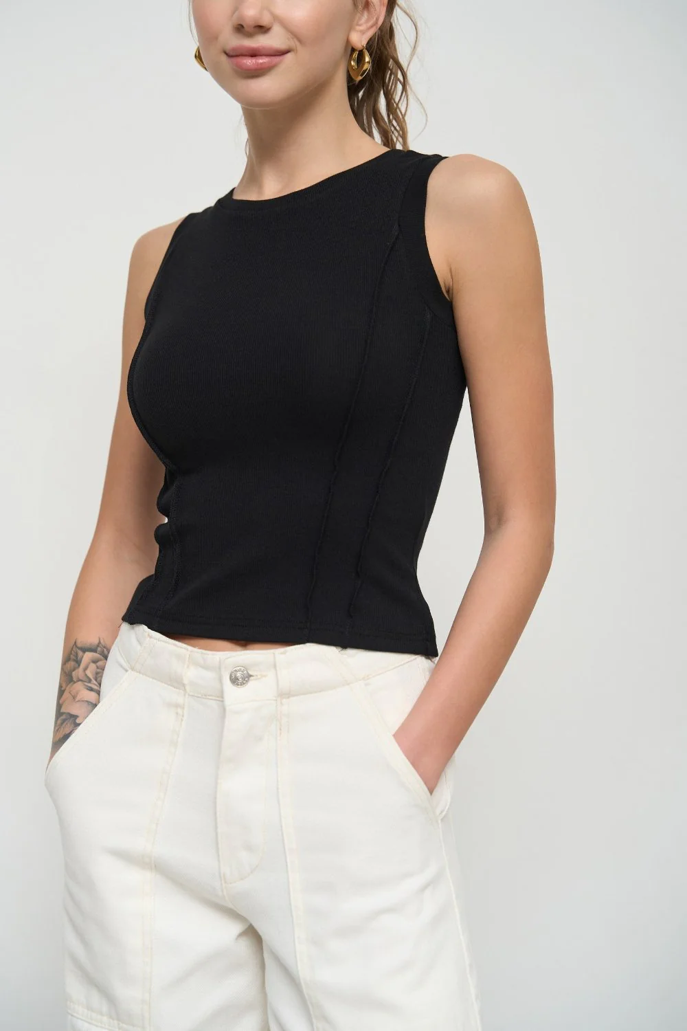 Black Ribbed Seam Detail Top - Image 2