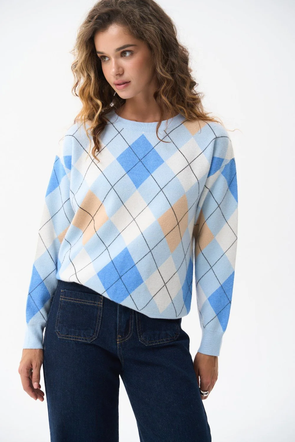 Blue Diamond Pattern Knit Sweater - Image 3
