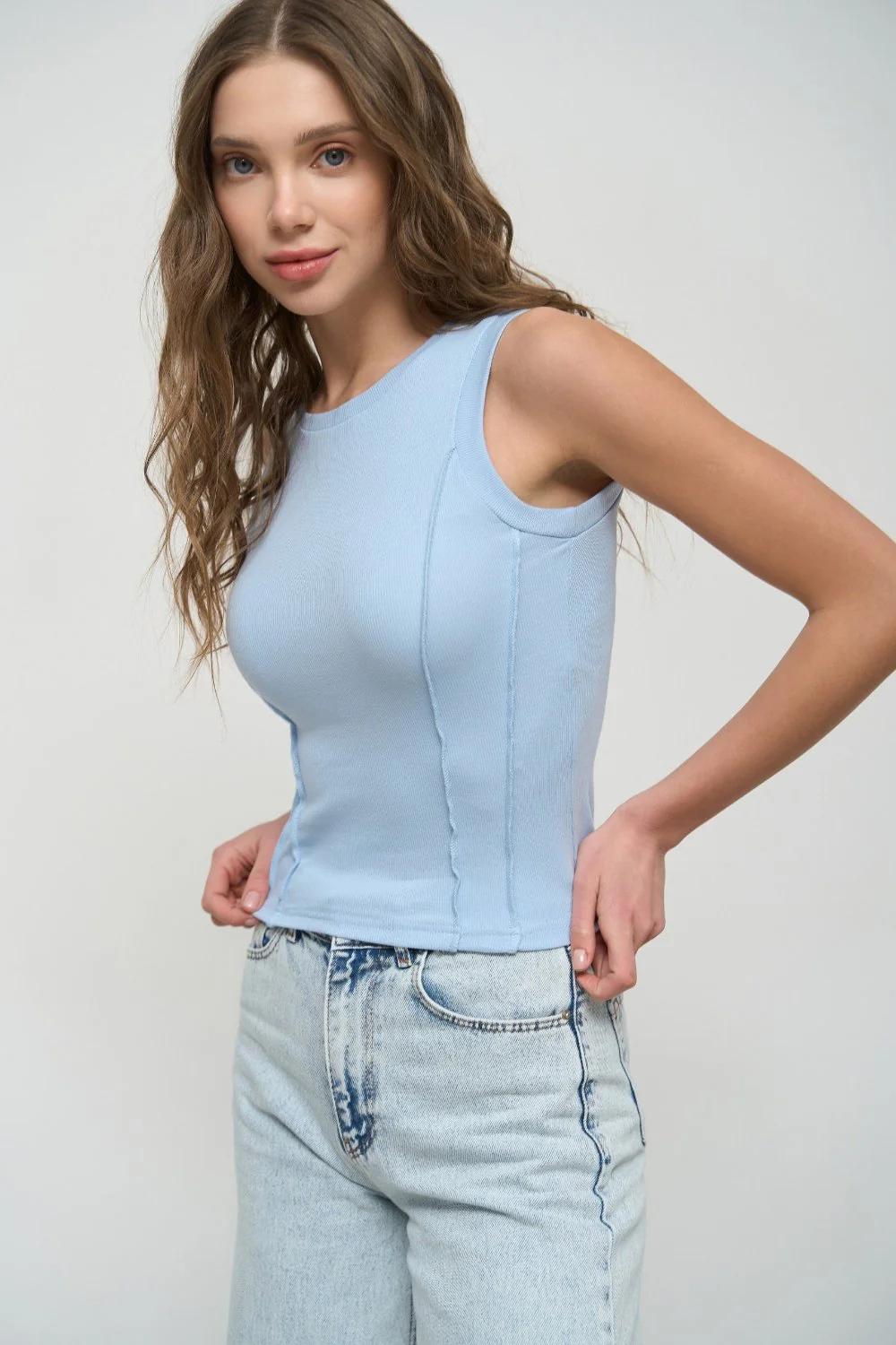 Blue Ribbed Seam Detail Top - Image 2