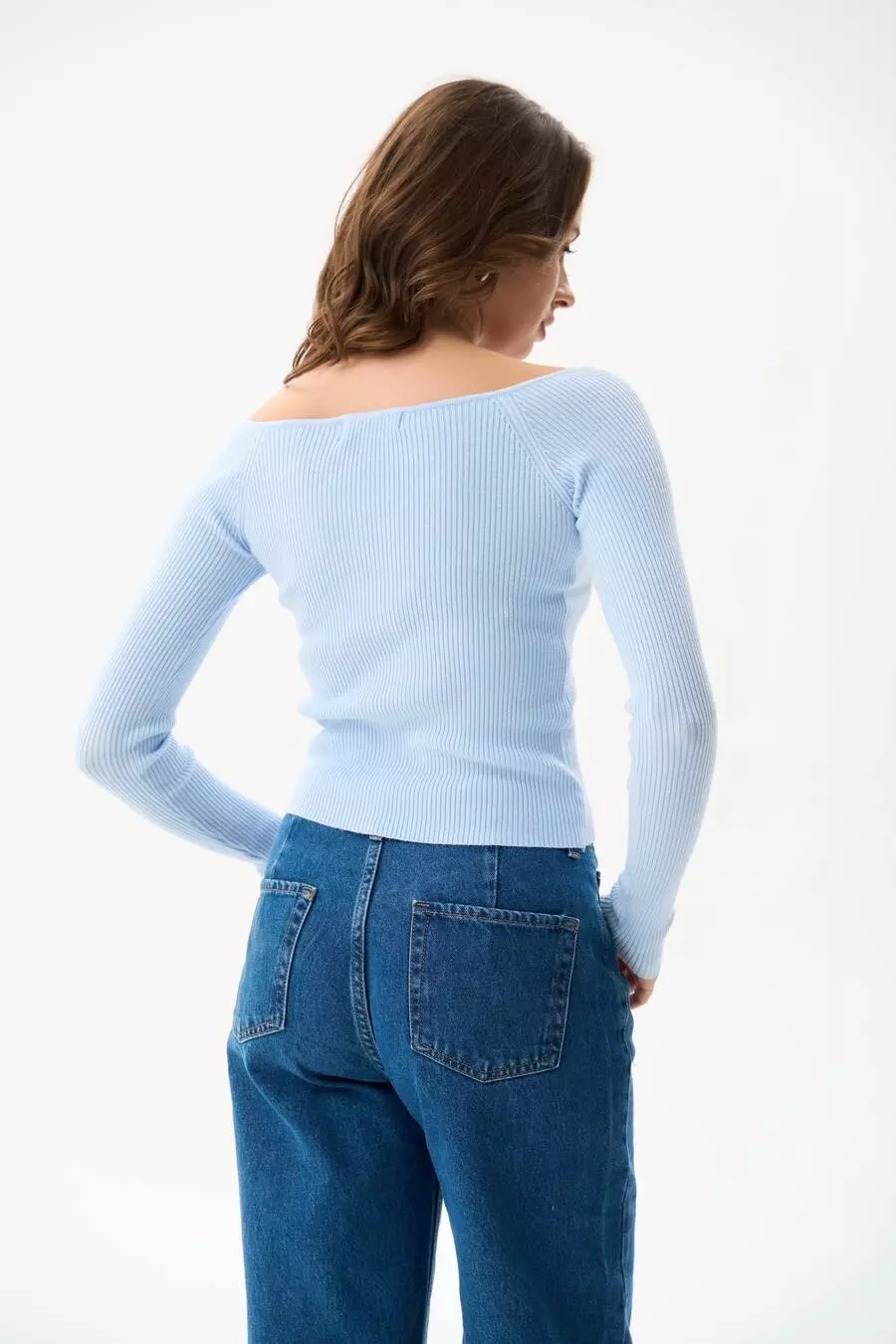 Blue Sweetheart Neckline Ribbed knit Long Sleeve - Image 3