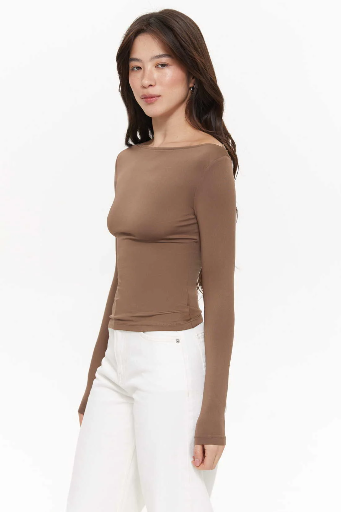 Boat-neck long-sleeve top, Chocolate - Image 3