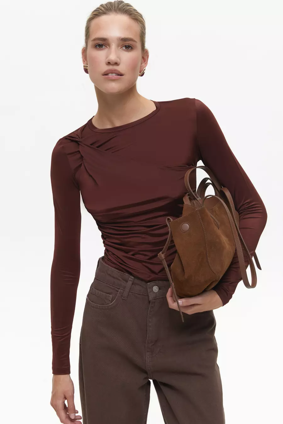 Brown Draped Long Sleeve Top