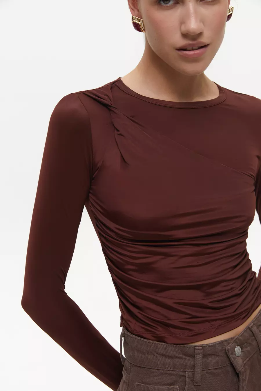 Brown Draped Long Sleeve Top - Image 2