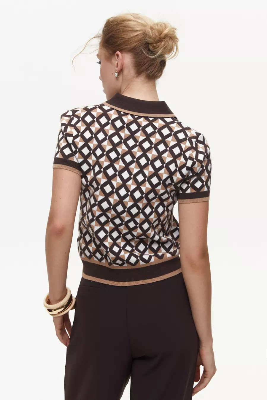 Brown Geometric Pattern Polo Jumper - Image 4