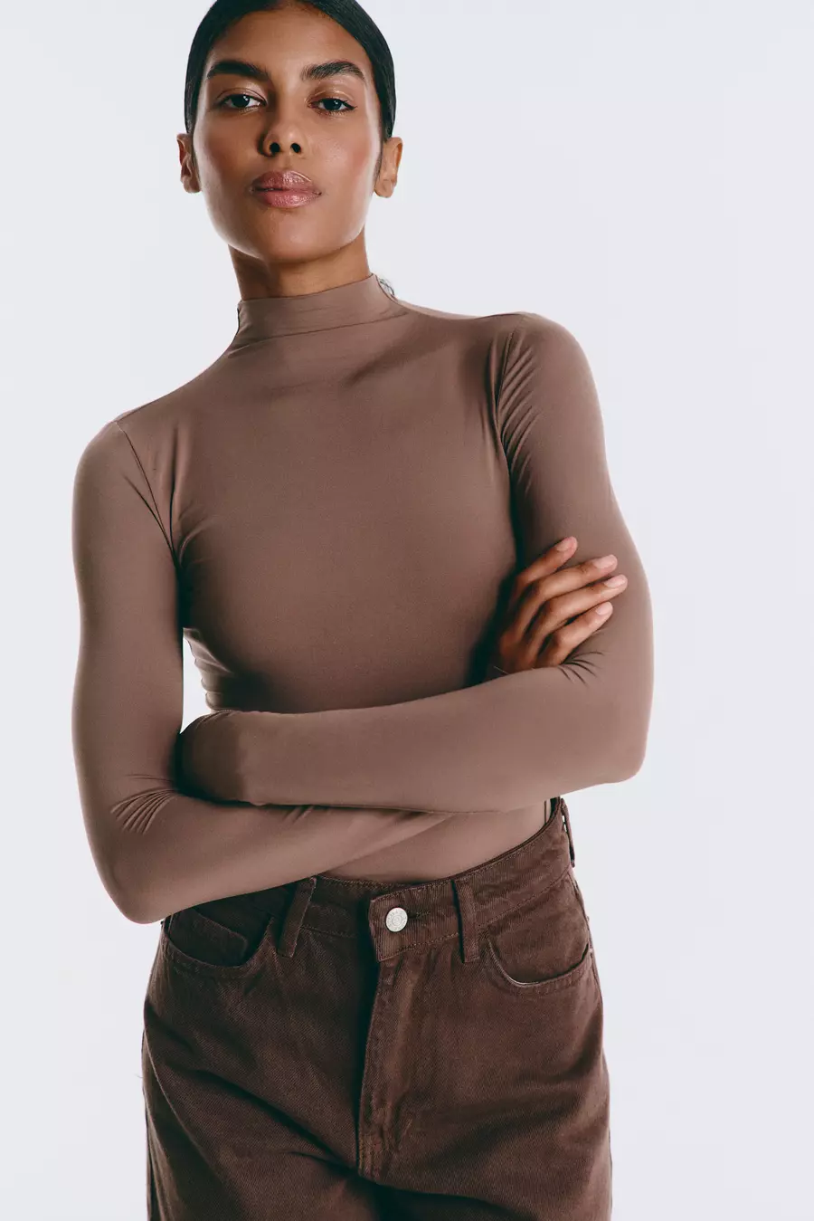 Brown High Neck Long Sleeve Top - Image 3