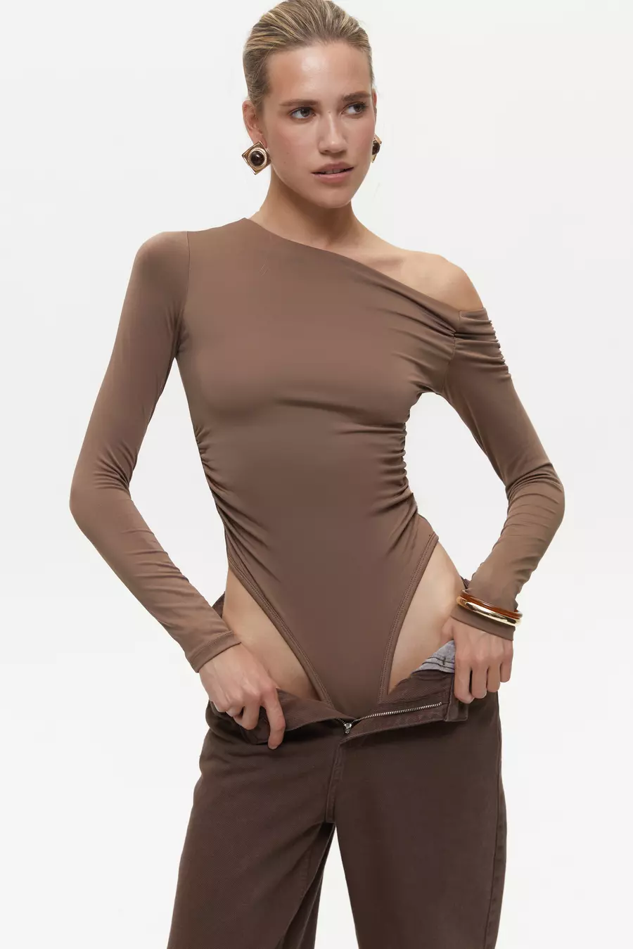 Brown Off Shoulder Bodysuit