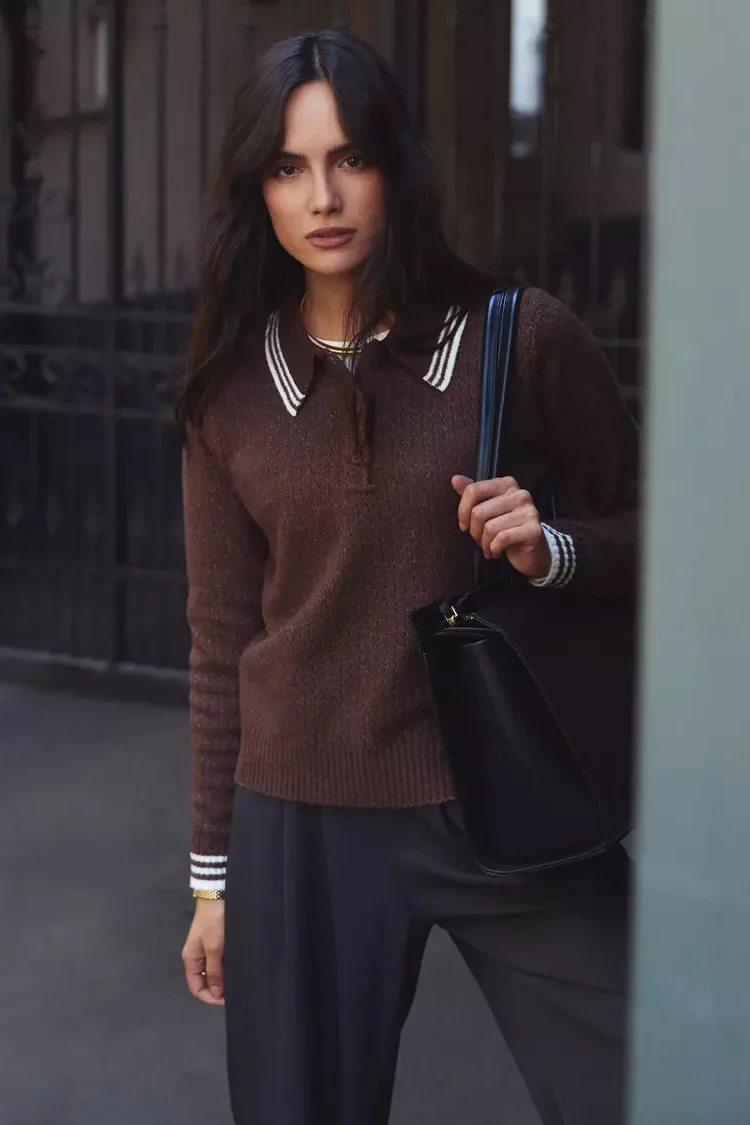 Brown Striped Polo Sweater
