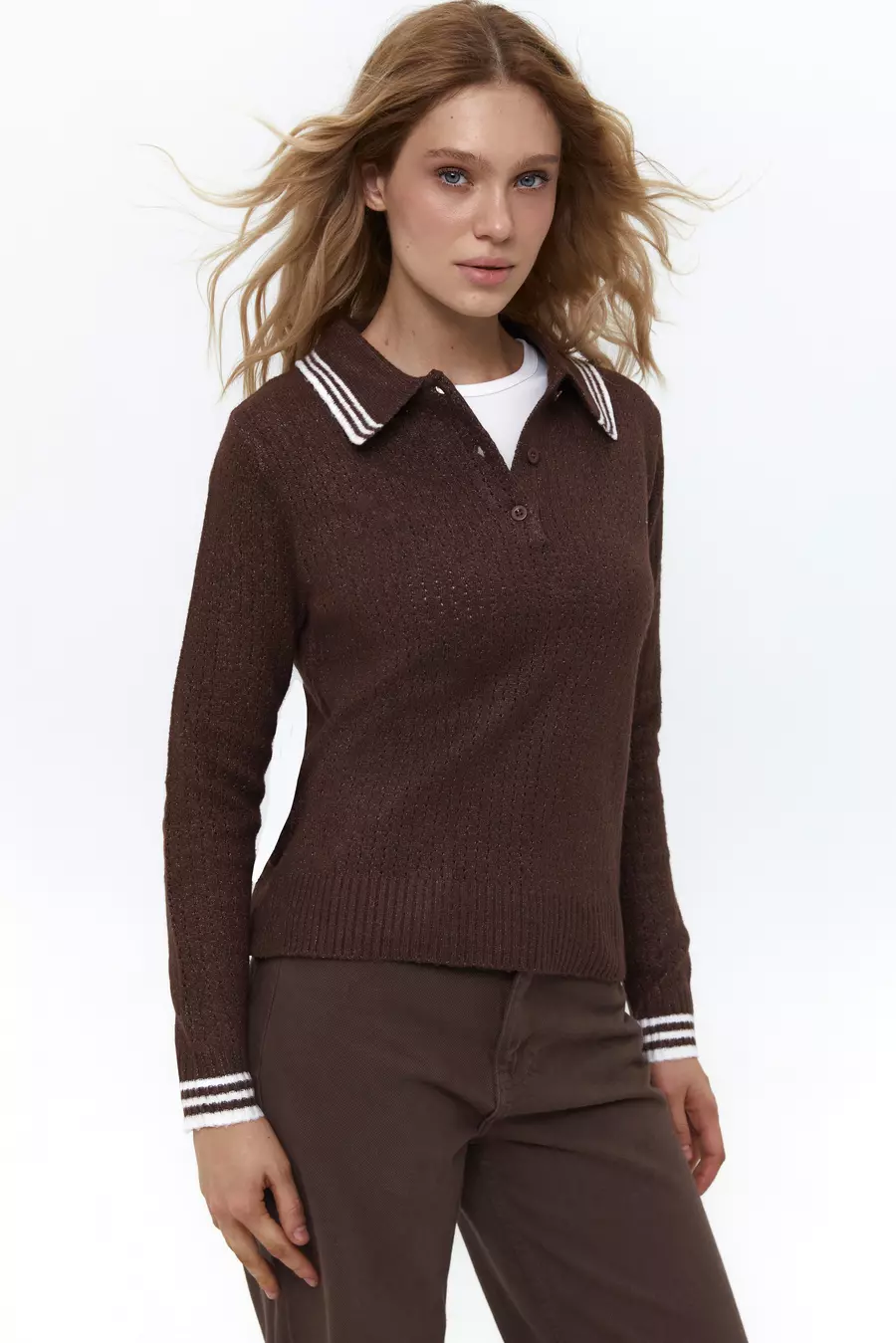 Brown Striped Polo Sweater - Image 2