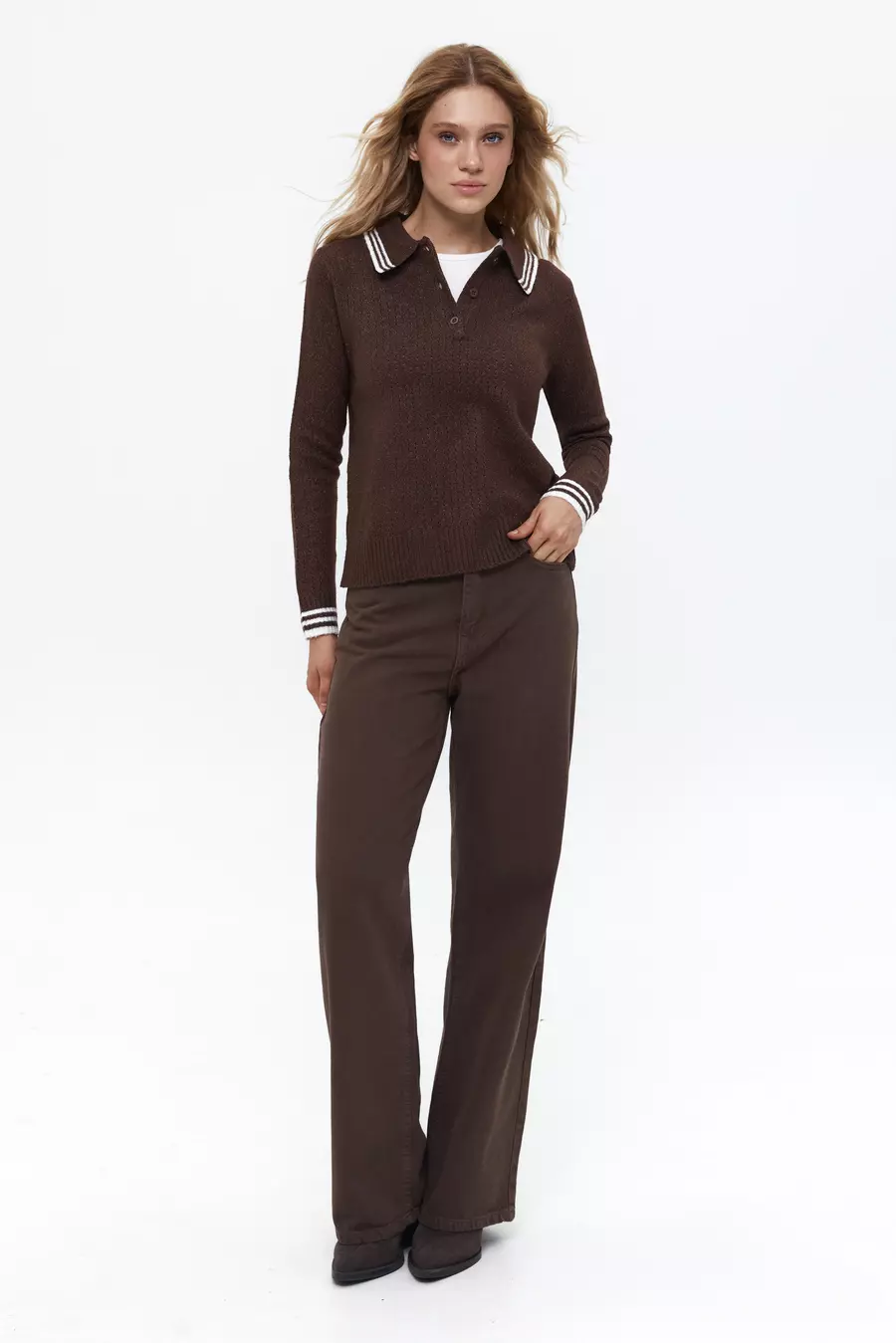 Brown Striped Polo Sweater - Image 3