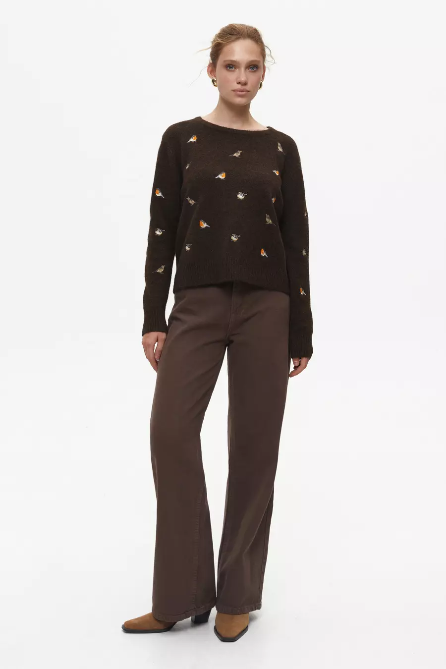 Brown Sweater with Embroidered Birds - Image 2