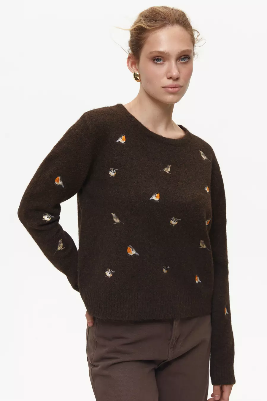 Brown Sweater with Embroidered Birds - Image 3