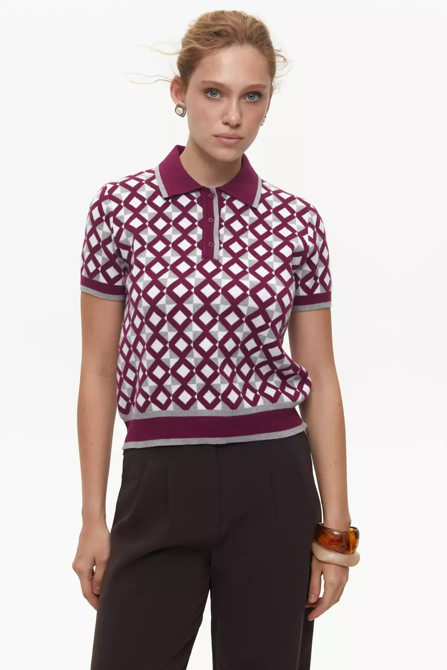 Burgundy Geometric Pattern Polo Jumper