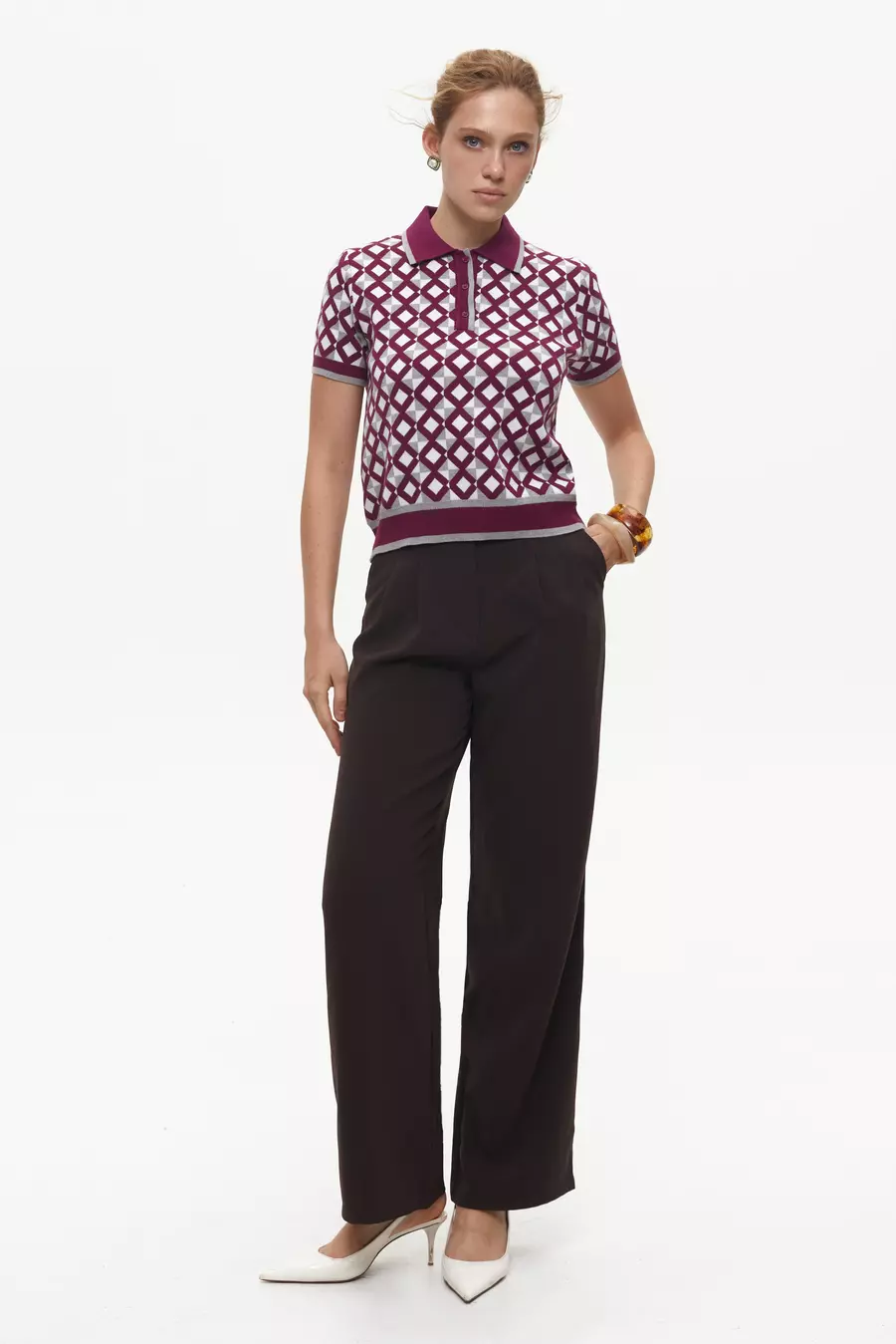 Burgundy Geometric Pattern Polo Jumper - Image 2