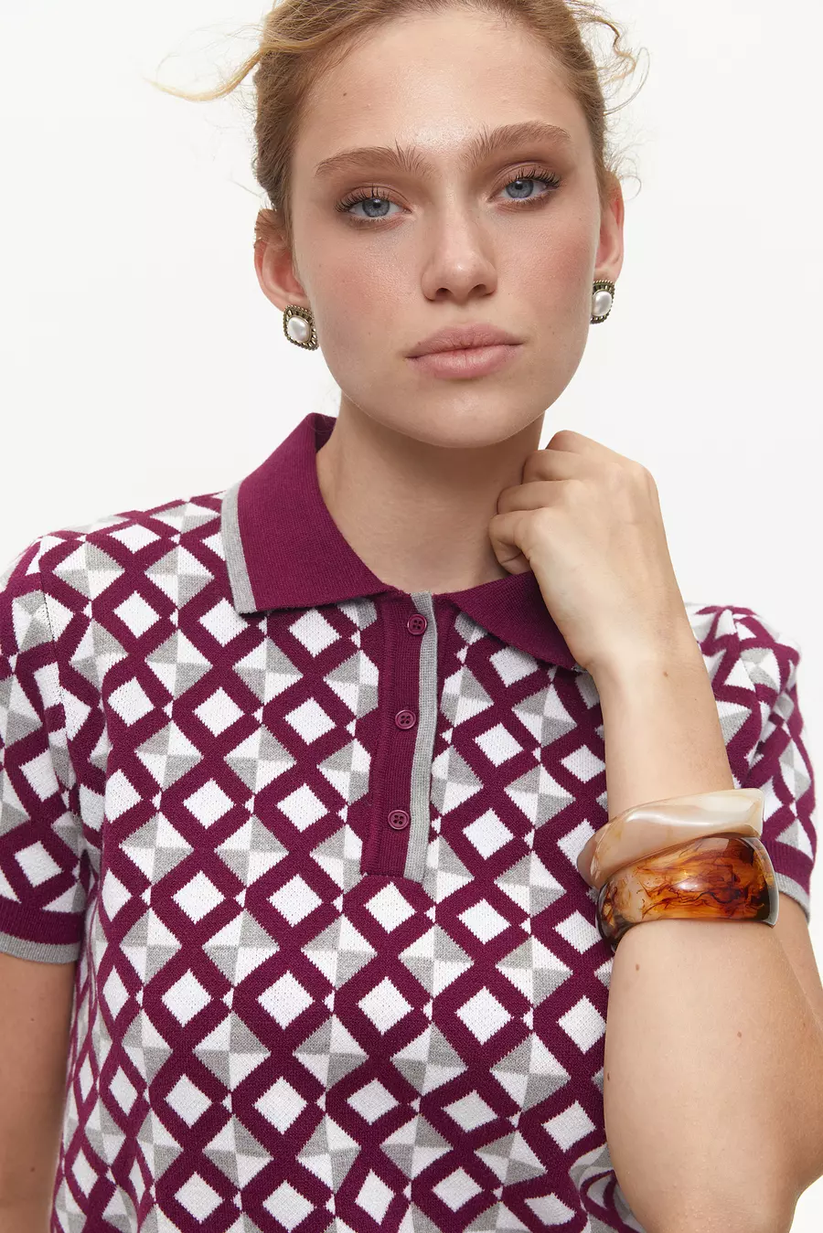 Burgundy Geometric Pattern Polo Jumper - Image 3