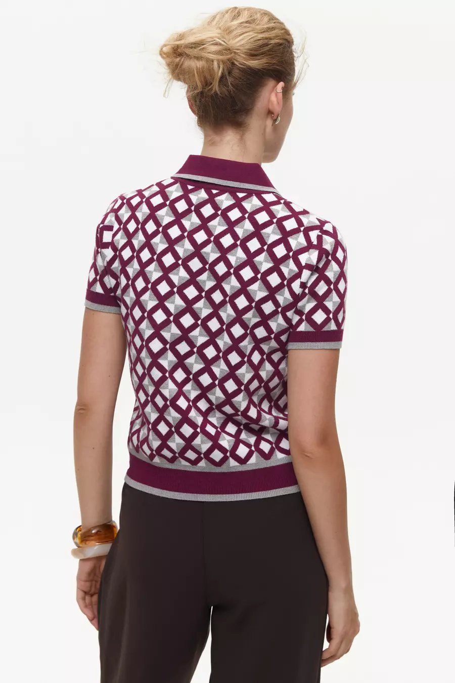 Burgundy Geometric Pattern Polo Jumper - Image 4
