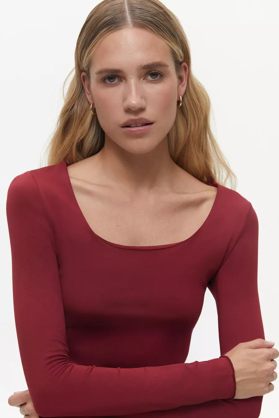 Burgundy Wide Neck Long Sleeve Top