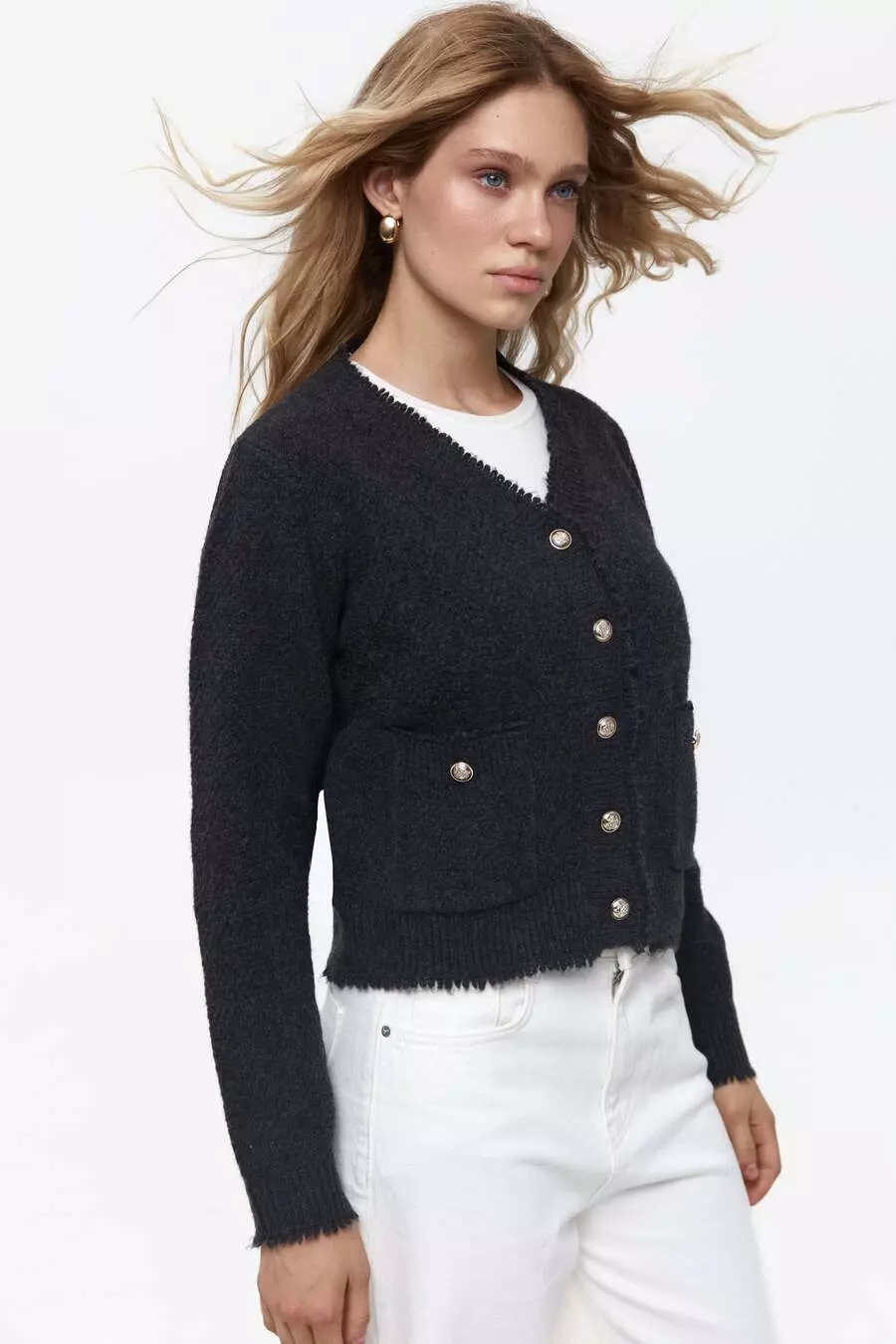 Dark Grey Buttoned Knit Cardigan - Image 3