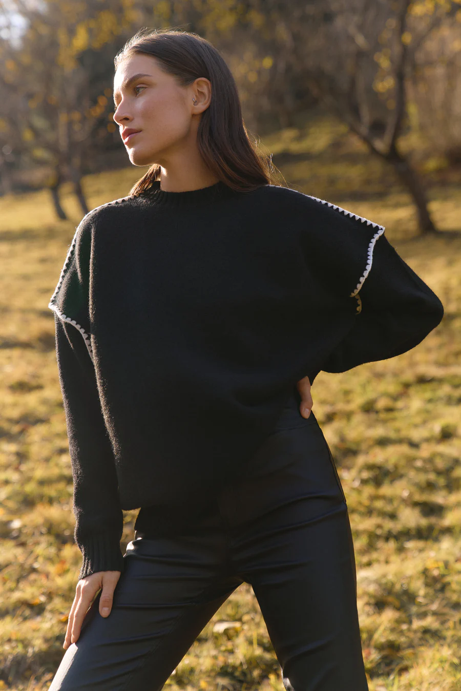 Dark Grey Contrast Seam Knit Sweater