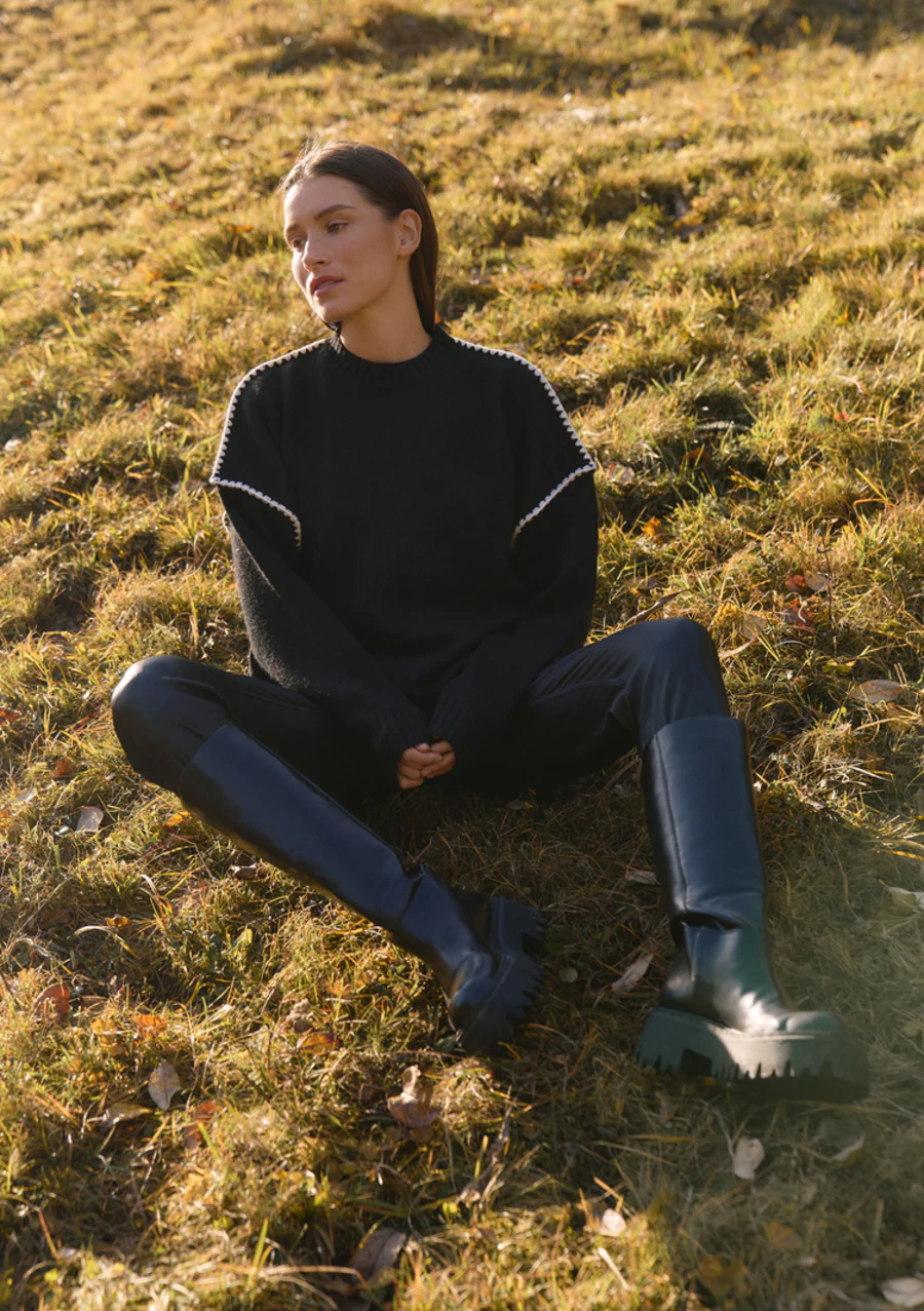 Dark Grey Contrast Seam Knit Sweater - Image 2