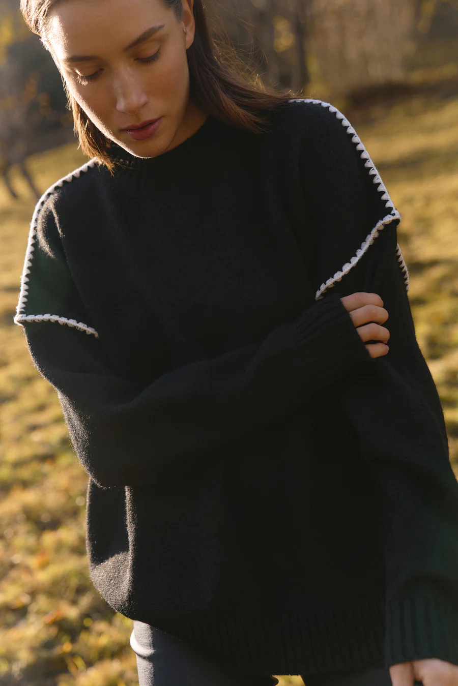 Dark Grey Contrast Seam Knit Sweater - Image 3