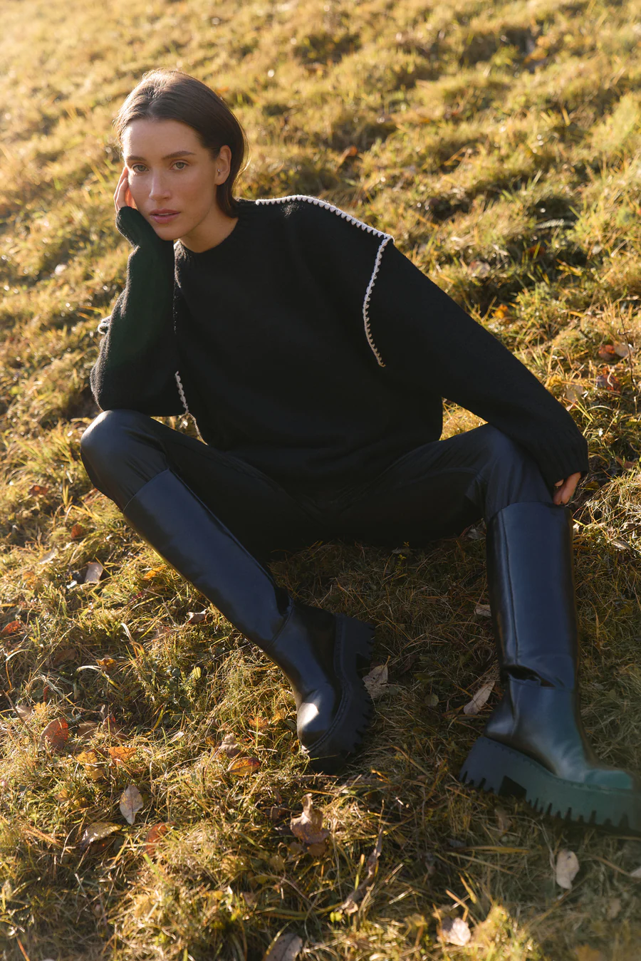 Dark Grey Contrast Seam Knit Sweater - Image 4