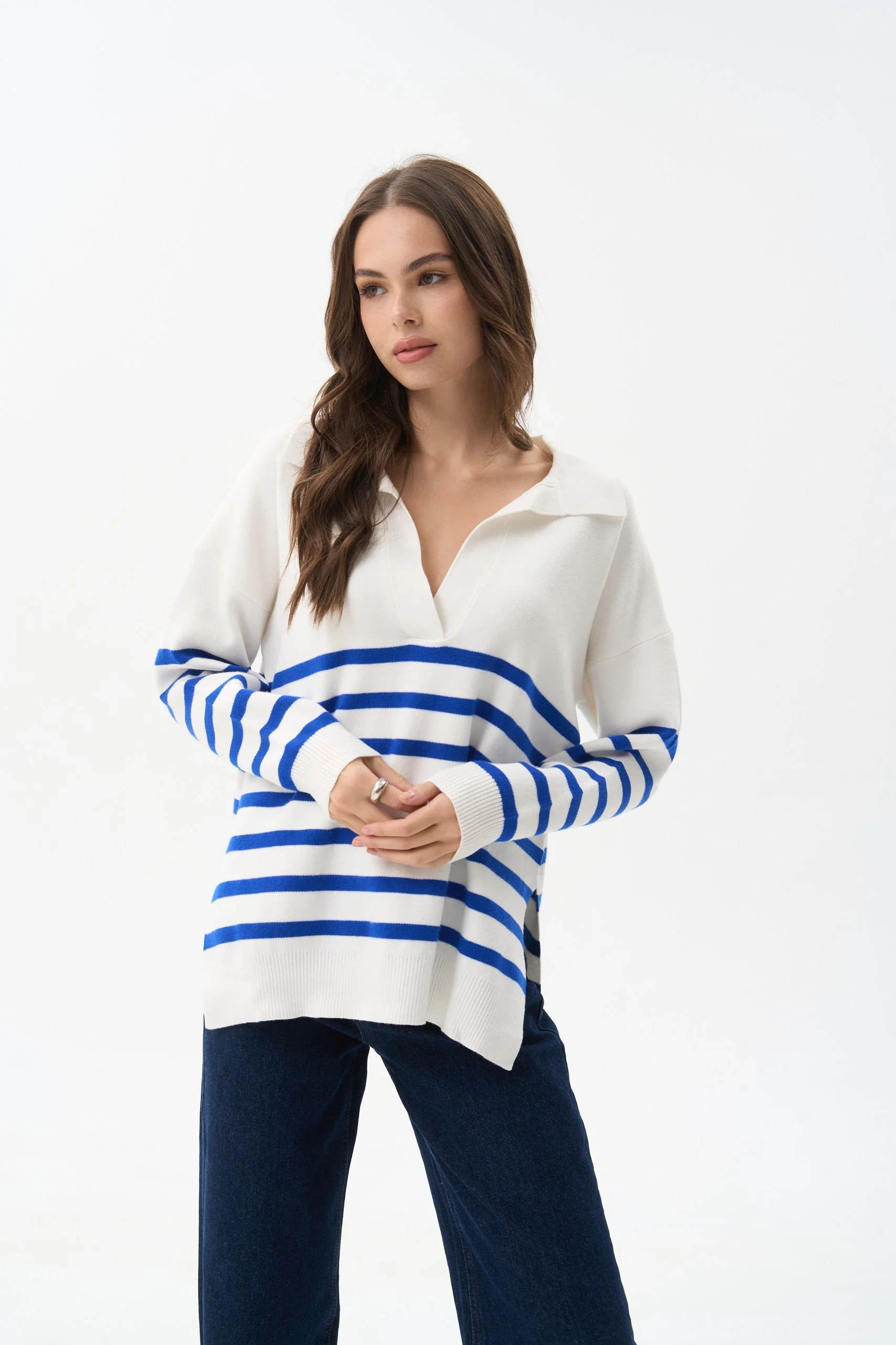Electric Blue Striped Polo Sweater - Image 3