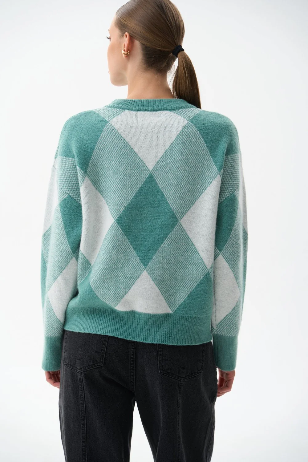 Green Diamond Pattern Knit Sweater - Image 5