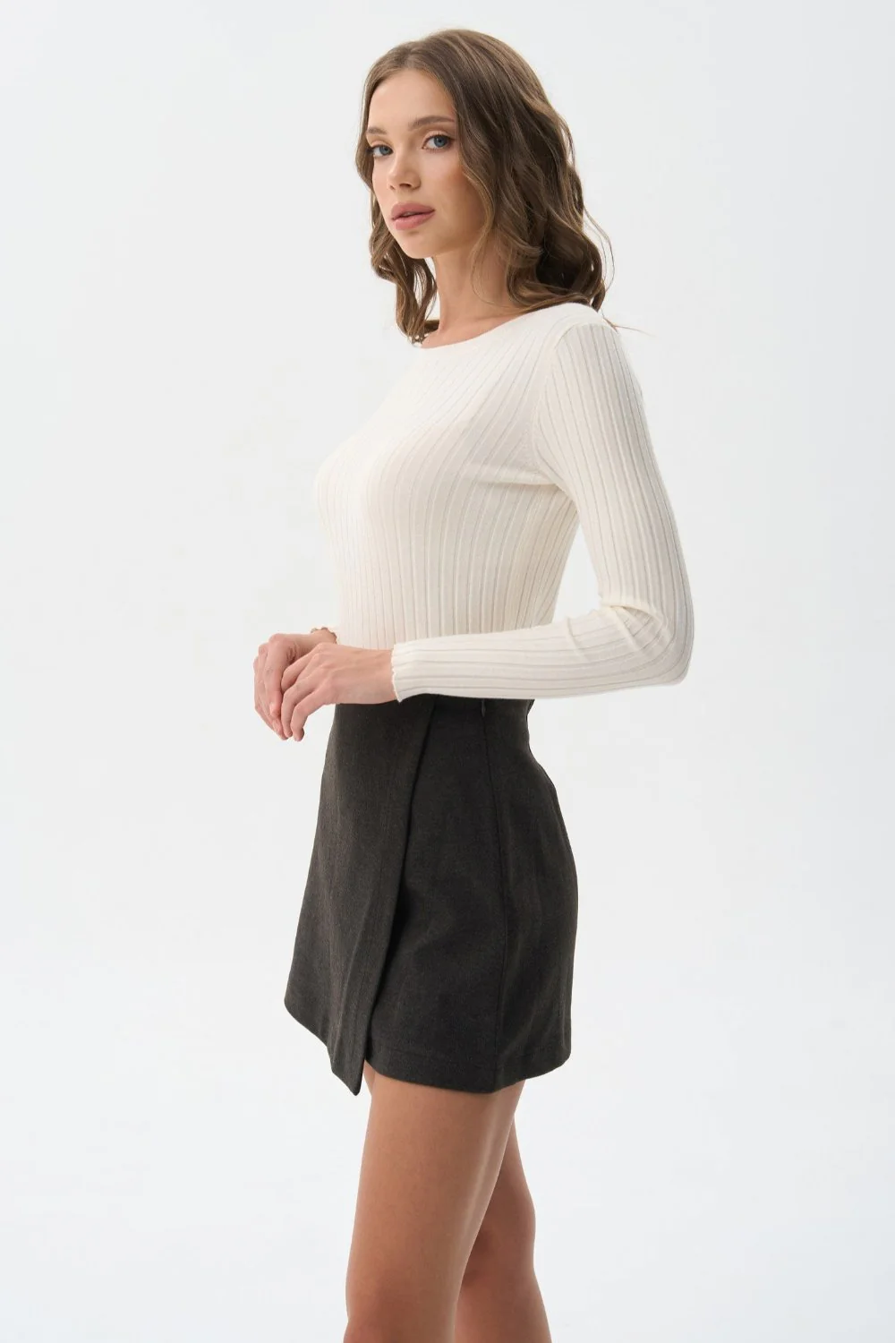 Grey High Waist Asymmetric Skirt - Image 4