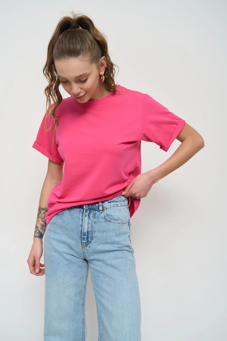 Magenta Pink Oversized Roll Up Sleeve T-Shirt - Image 2