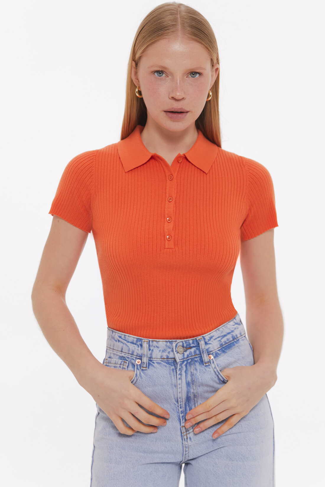 Orange Basic ribbed knit Polo jumper