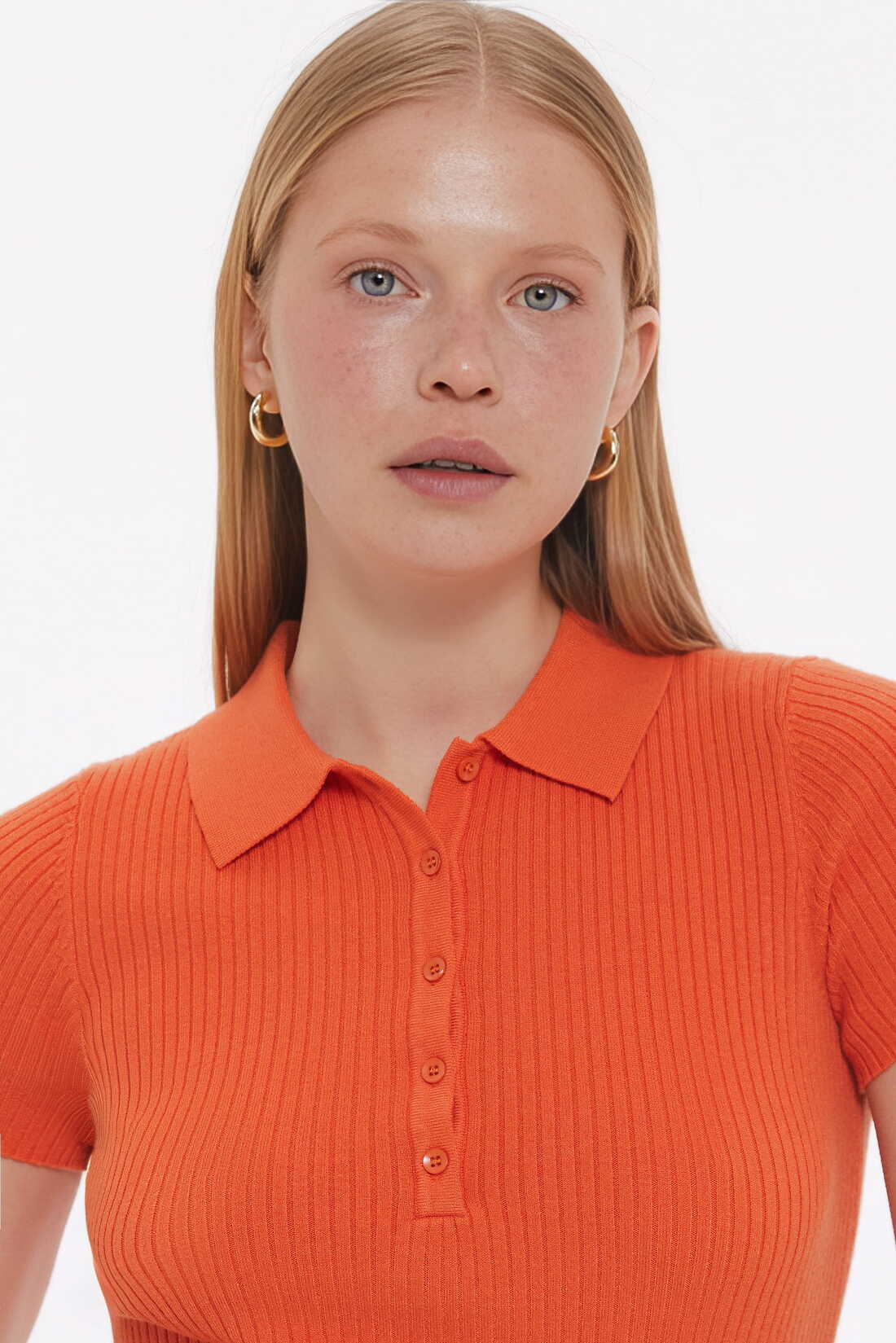 Orange Basic ribbed knit Polo jumper - Image 2