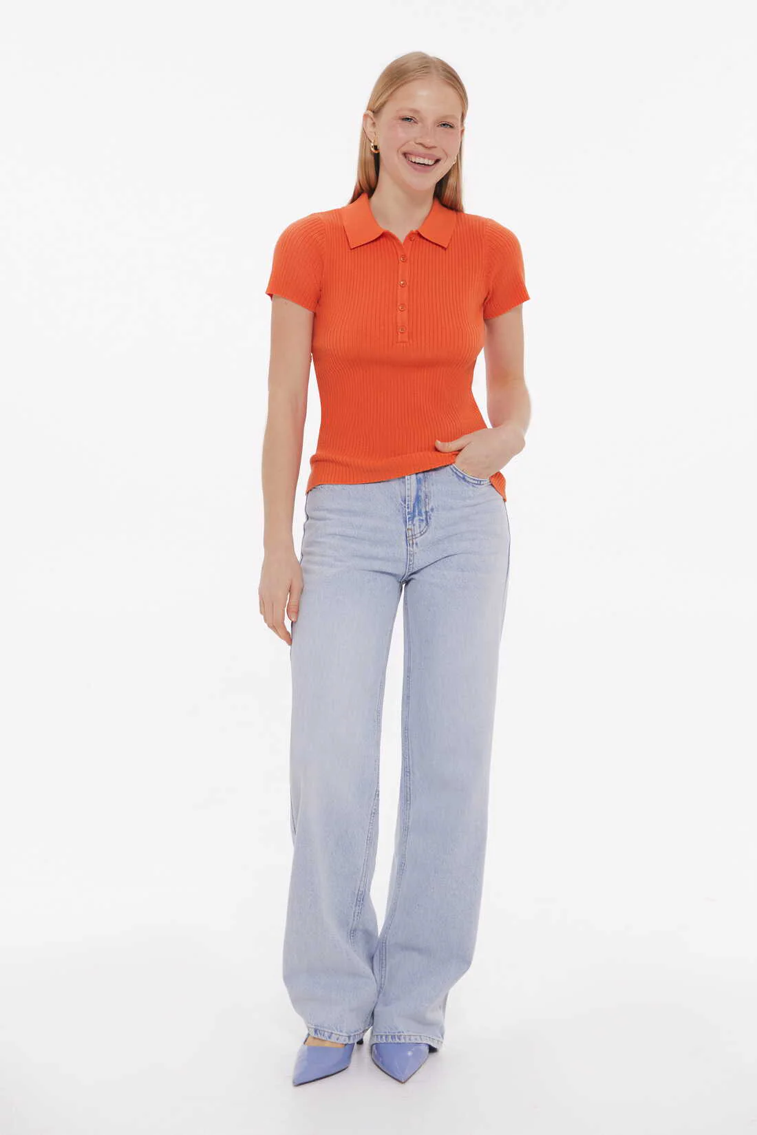 Orange Basic ribbed knit Polo jumper - Image 3