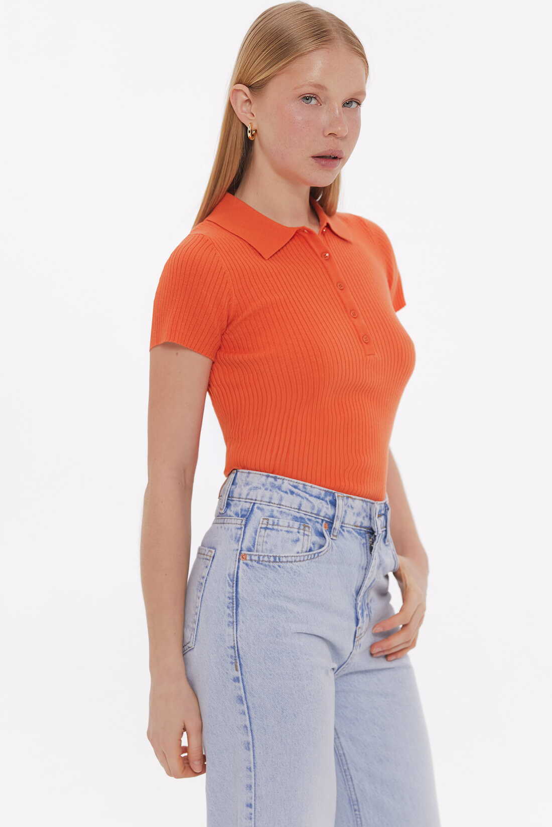Orange Basic ribbed knit Polo jumper - Image 4