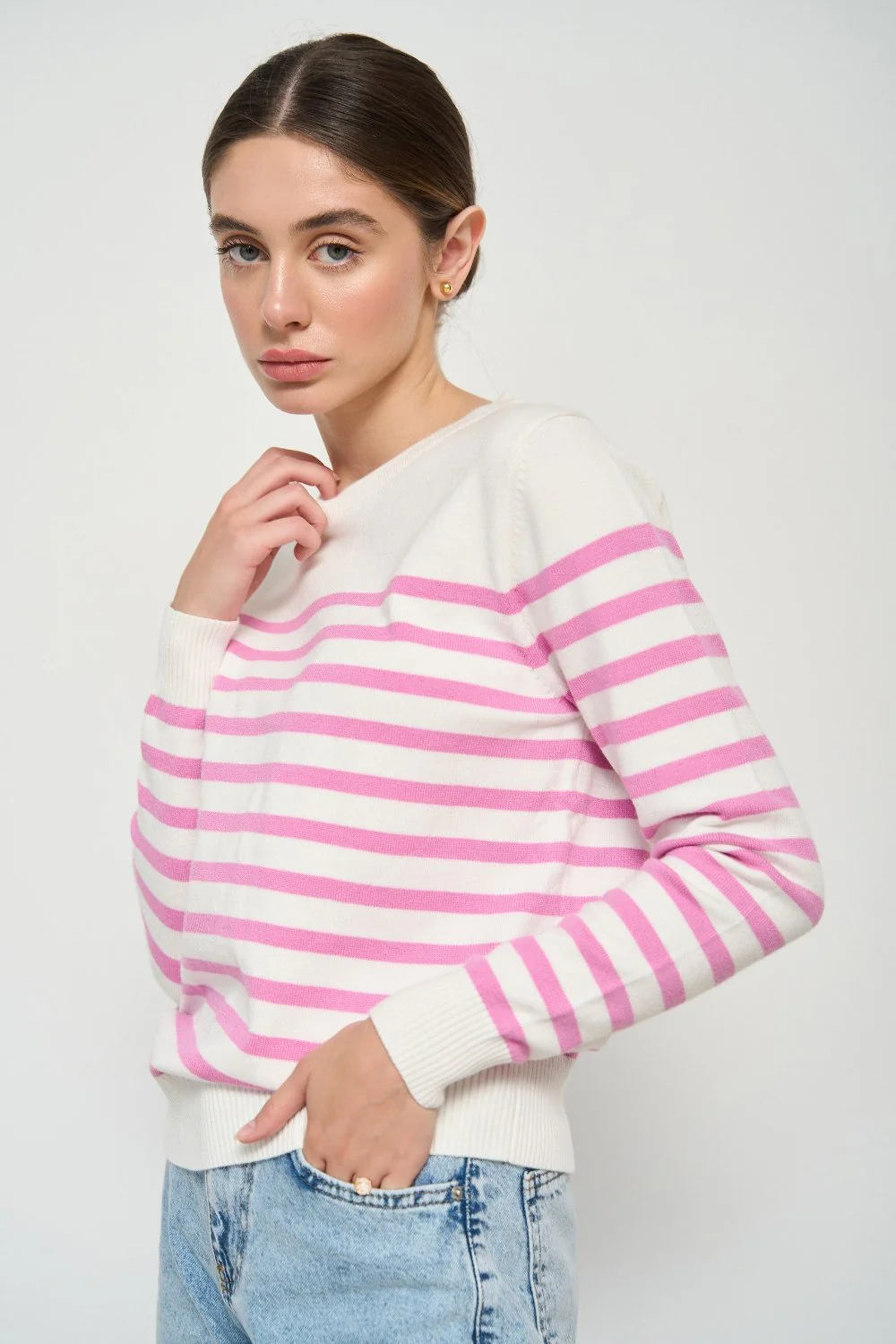 Pink Striped Knit Sweater with a Crew Neck - Image 2