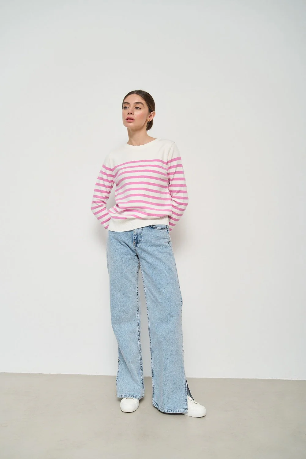 Pink Striped Knit Sweater with a Crew Neck - Image 3