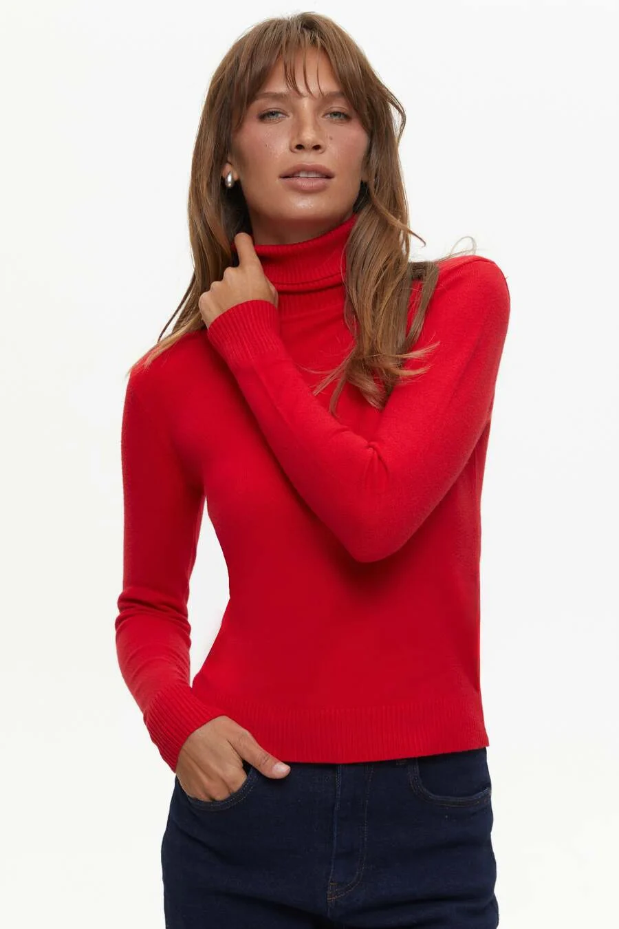 Red Basic Knit Turtleneck Sweater - Image 3