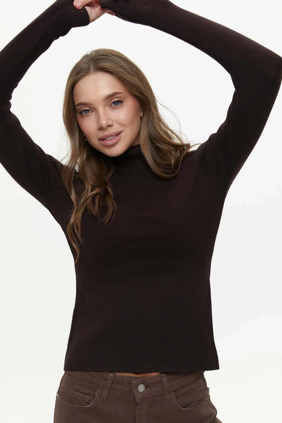 Brown Basic Knit Turtleneck Sweater - Image 2