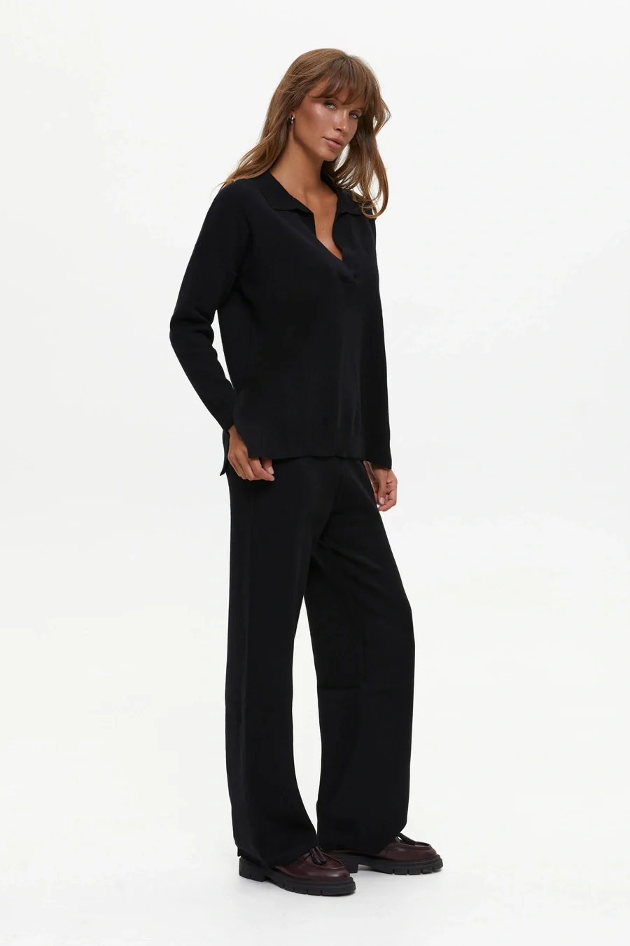 Two piece black suit with Relaxed Fit Polo Sweater and Palazzo Pants - Image 4