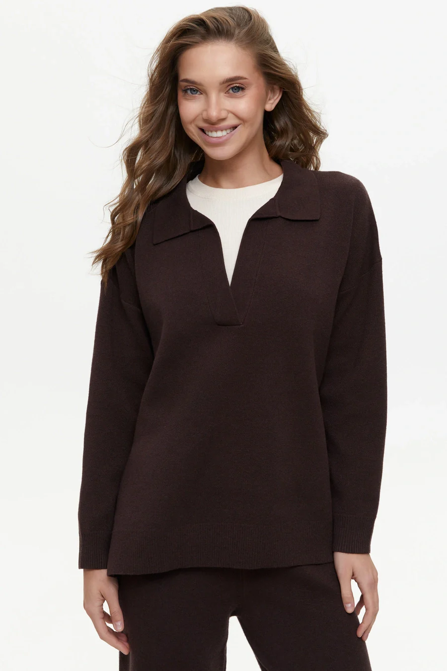 Two piece brown suit with Relaxed Fit Polo Sweater and Palazzo Pants - Image 2
