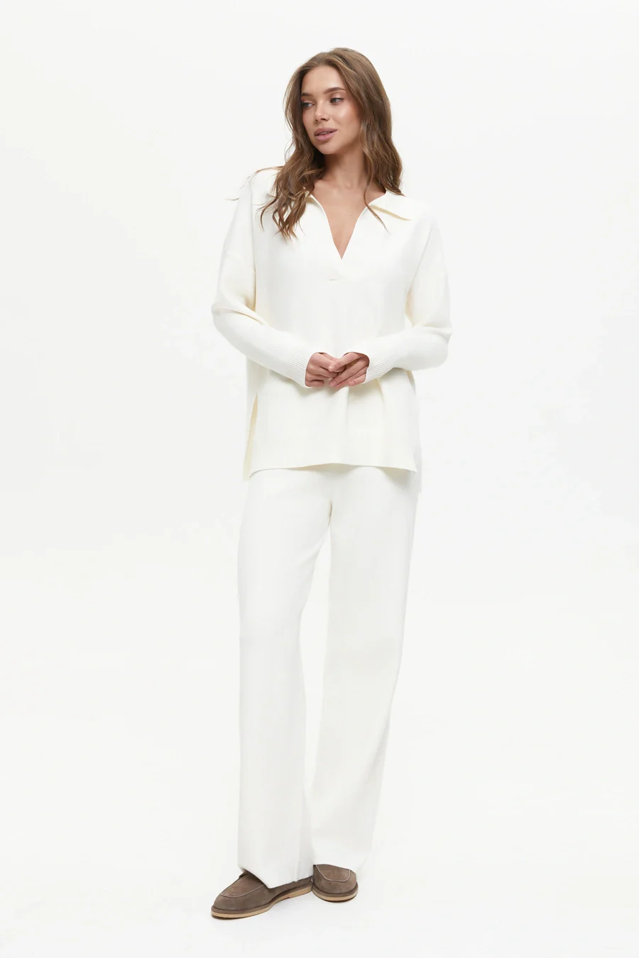 Two piece milk suit with Relaxed Fit Polo Sweater and Palazzo Pants