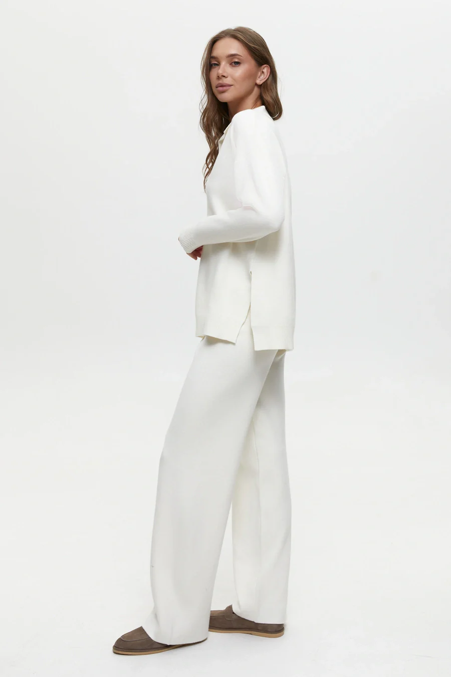 Two piece milk suit with Relaxed Fit Polo Sweater and Palazzo Pants - Image 4