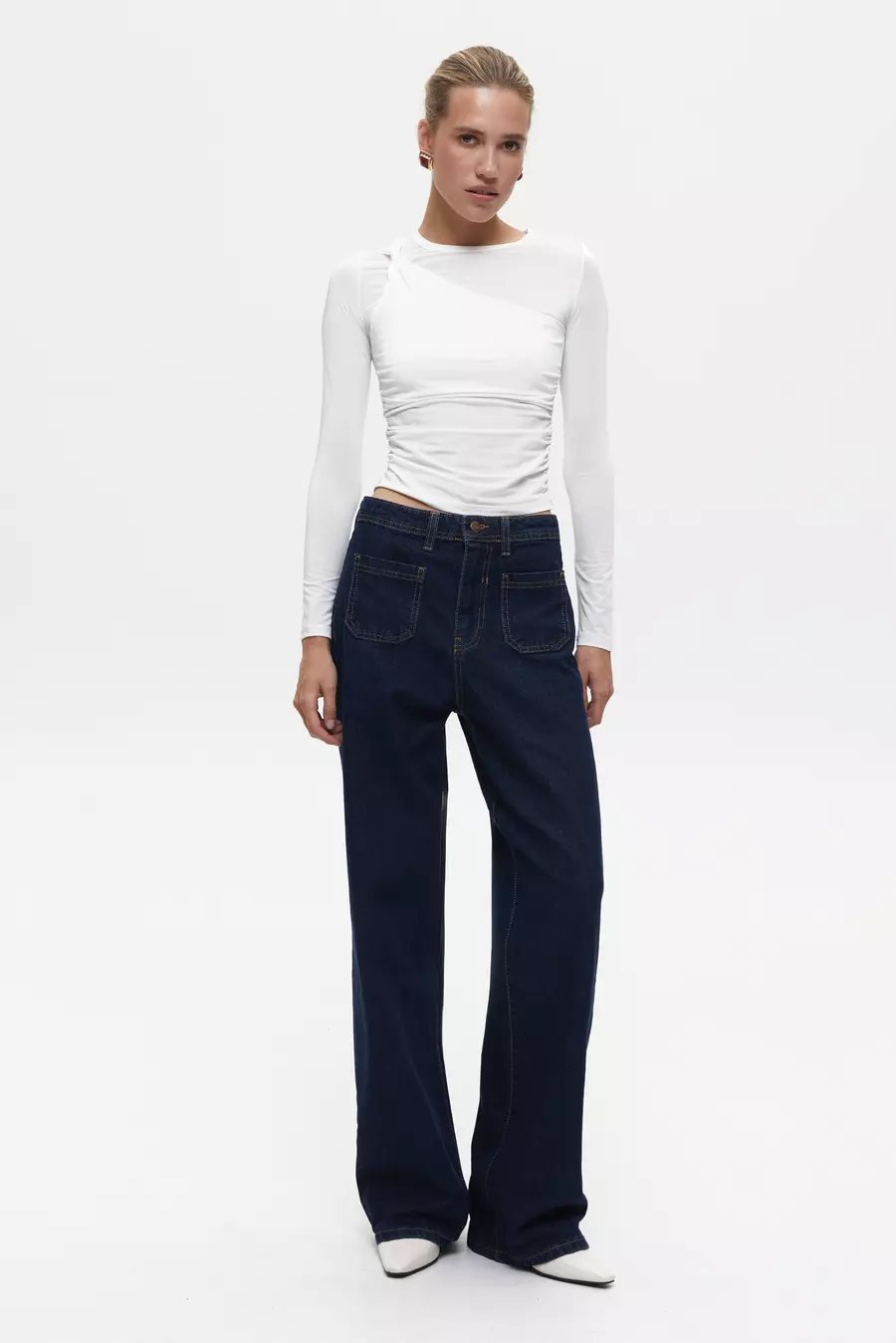 White Draped Long Sleeve Top - Image 4
